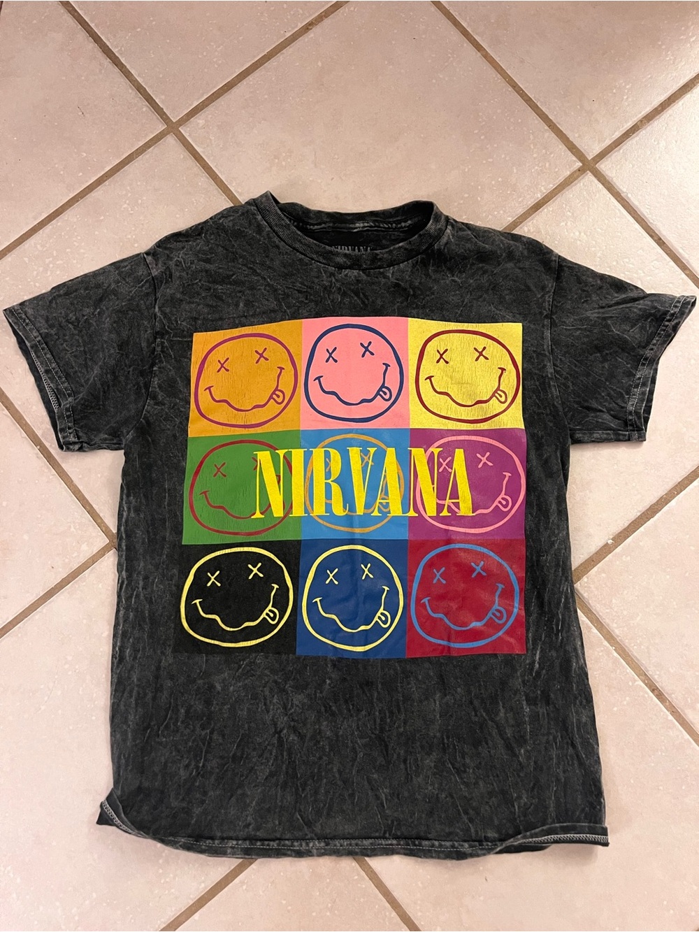 NIRVANA Black Tee with Multicolor Smiley Grid